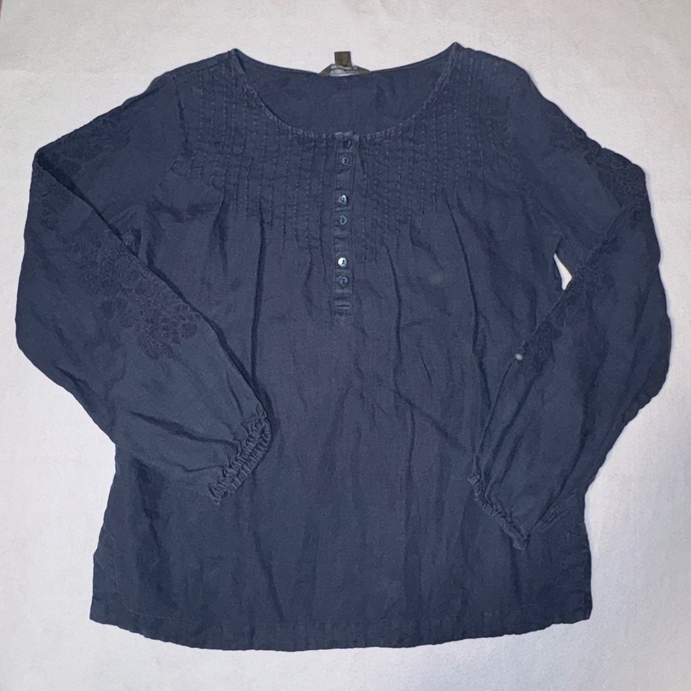 Tommy Bahama Blue denim‎ Embroidered Pintuck Long Sleeve boho linen Blouse S